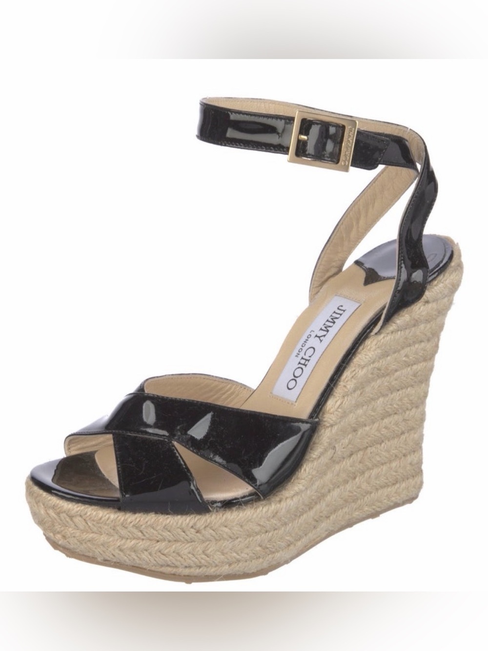 Jimmy Choo Black Patent Leather Espadrille Platform Wedge Sandals Ankle Strap